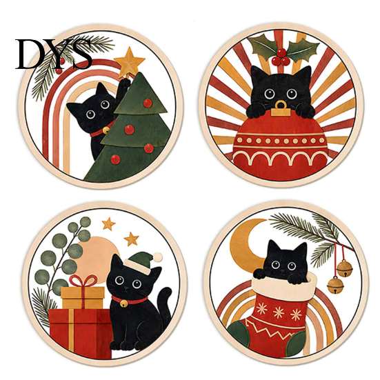 Stackable Coaster Set 4PCS Black Cat Acrylic Coasters, Christmas Festive Tabletop Coffee Table Protection Pads Mats, Non-Slip Rounded Coasters