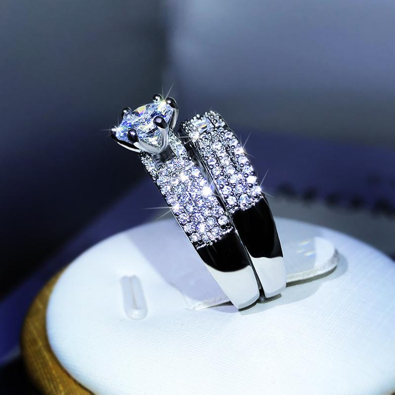 Fashion Classic Double Ring White Zircon Six-Claw Ring  Sterling Copper For Ladies Party Reception Wedding Jewelry Gift