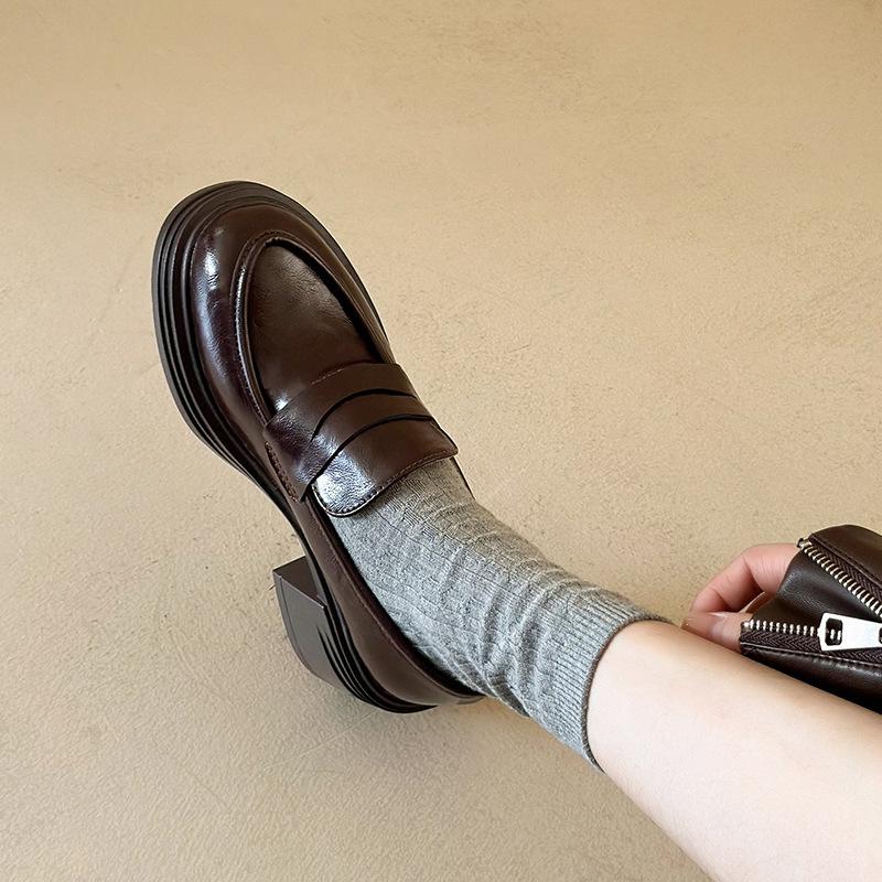 Retro thick heel small leather shoes women's spring and autumn 2025 new shallow loafers platform-soled versatile single shoes
