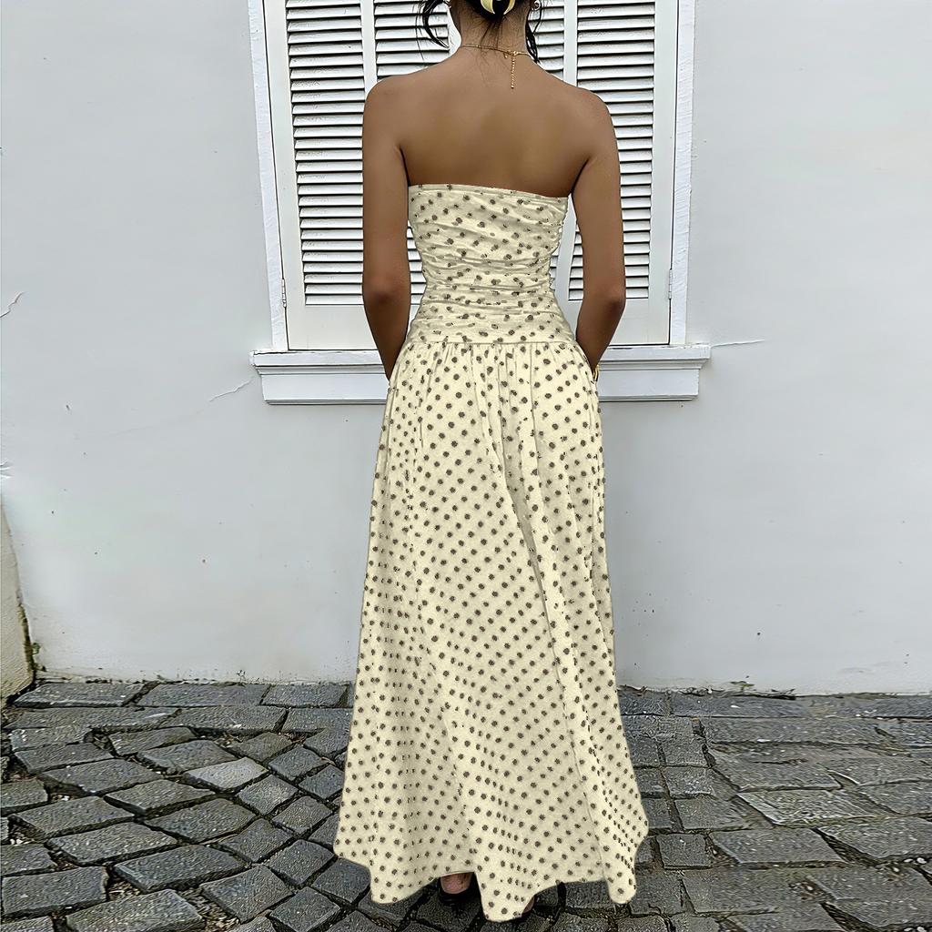 Women Off Shoulder Polka Dot A Line Dress Elegant Waist Slimming Midi Evening Gown Strapless Flowy Party Dress