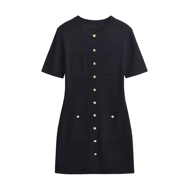 

Женское летнее элегантное мини-платье с однотонным О-образным вырезом и короткими рукавами, с несколькими карманами, однобортное женское модное платье S чёрный