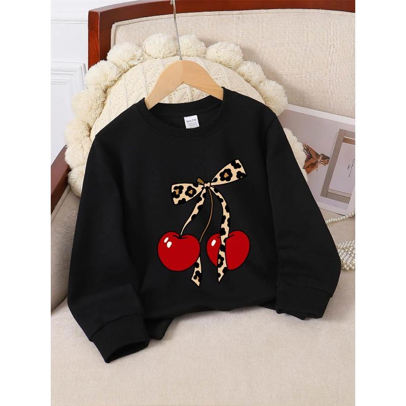 European Sizes Kids' Crewneck Sweatshirt - Cherry Leopard Bow Pattern Print Design , Sportswear And Casual Wear, Soft And Comfortable