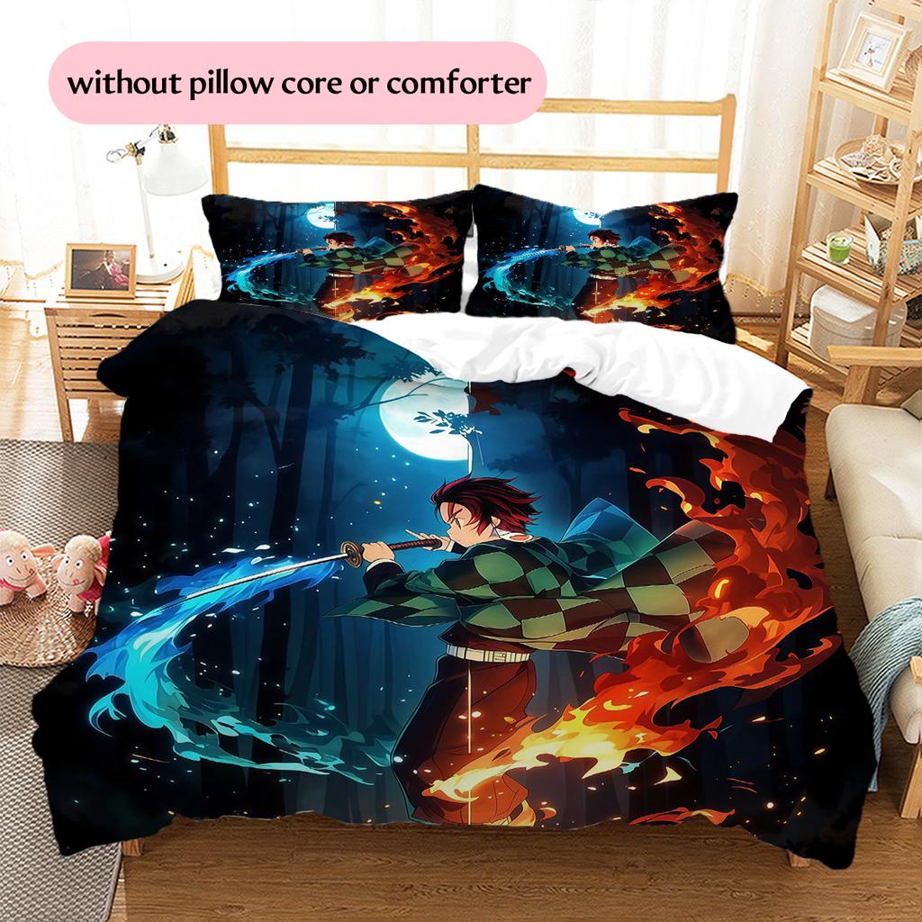 Demon Slayer Kimetsu No Yaiba Pattern Bedding Quilt Set Home Decoration Gift (1 * Duvet Cover + 2 * Pillowcase Without Core)