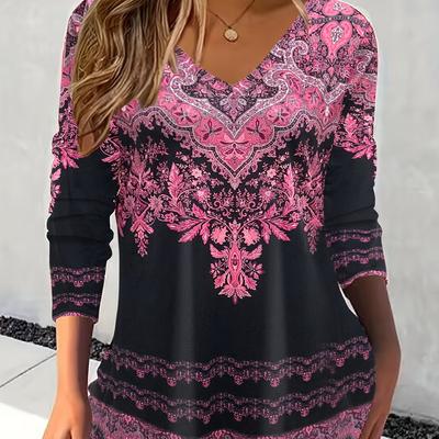 Plus Size Geometric Floral Print T-Shirt - V Neck, Long Sleeve, Slight Stretch, Machine Washable, Casual Womens Clothing for All Seasons