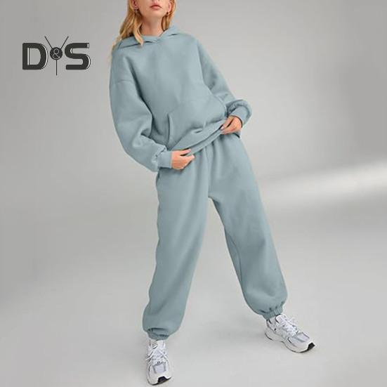 2 bucăți/set pantaloni sport pentru femei, cu glugă, cu mânecă lungă, de culoare pură, cu glugă, cu talie elastică, pantaloni largi, cu bandă la gleznă, ocazional, trening fitness zilnic