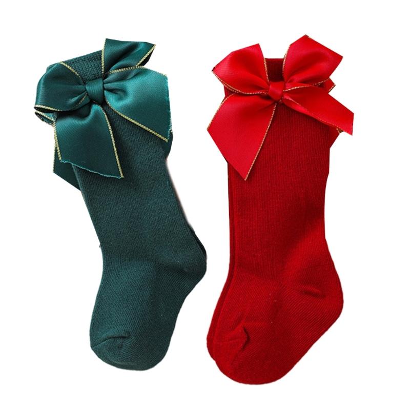 2 Paar Klassische Kniehohe Socken Weihnachten Thema Socken mit Schleifchen Dekoration für Baby Mädchen 2024 Neujahrsgeschenk