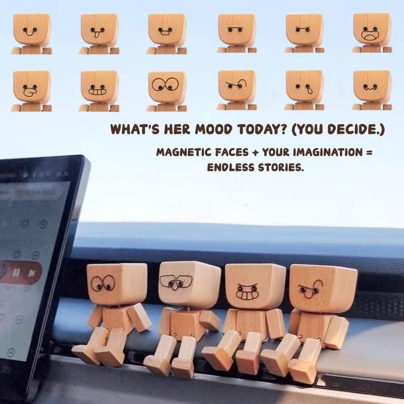 Christma Shaking Man Statue Wooden Man Figurines With 12 Replacement Expression Unique Car Dashboard Decoration Desktop Ornament