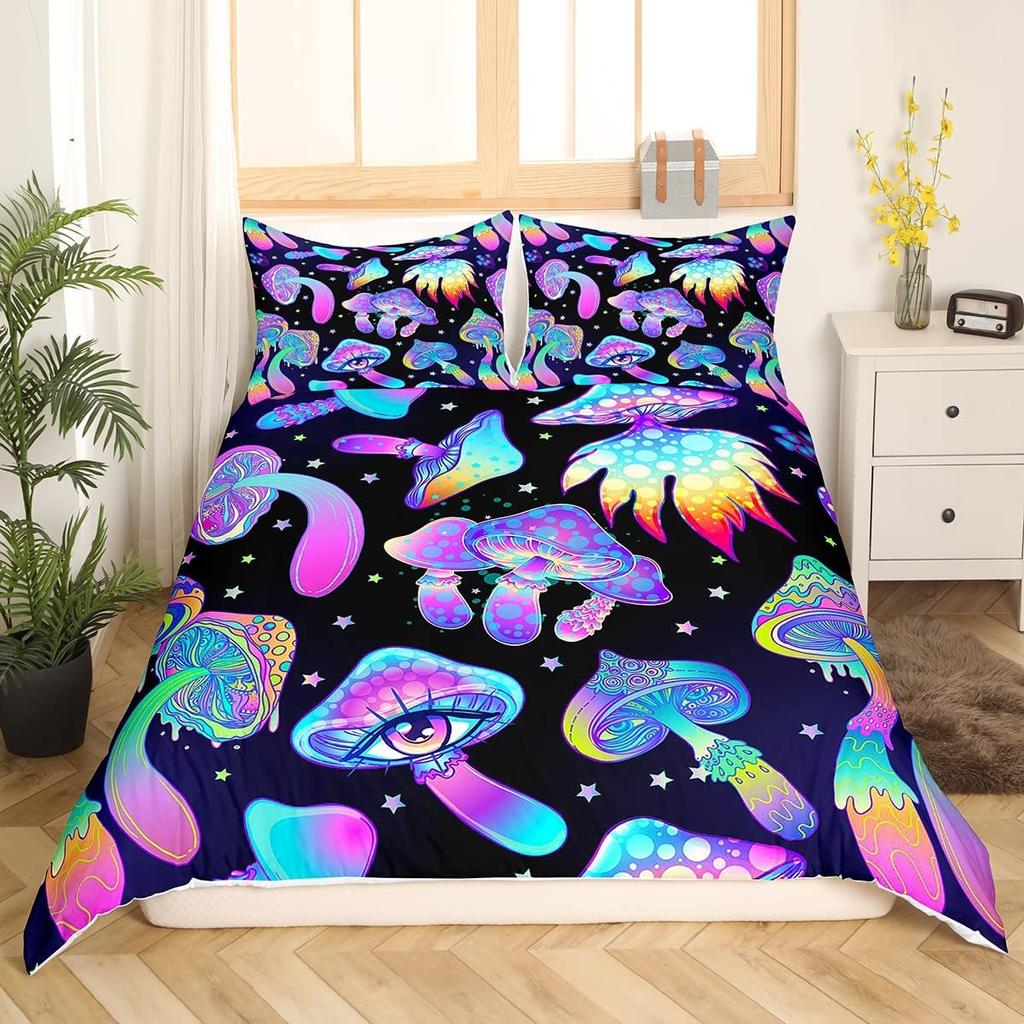 Wild Mushroom Duvet Cover Set Burgundy Plant Bedding Set For Kids Comforter Cover Soft Polyester King Queen Size With Pillowcase