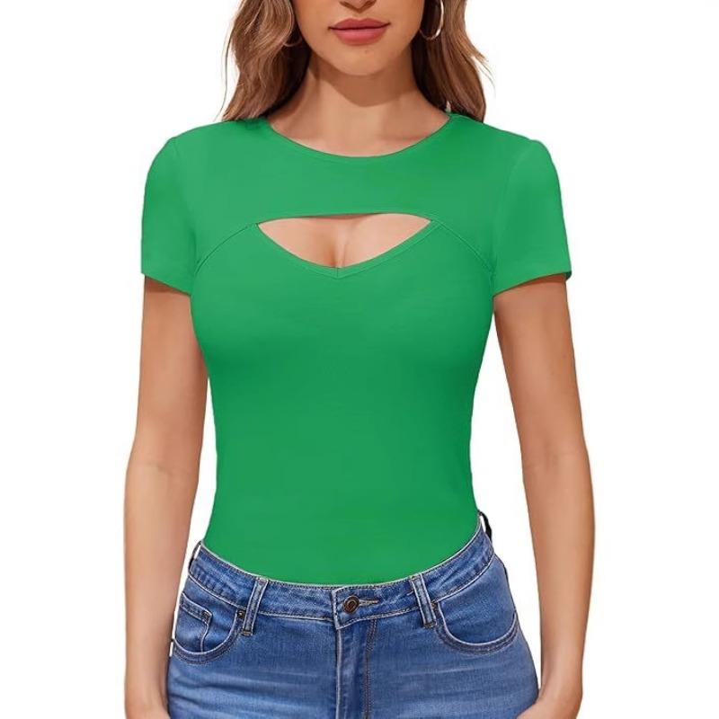 New Fashion Spring and Summer Sexy Hollow Threaded T-Shirt Top Casual Crew Neck Short Sleeve Women