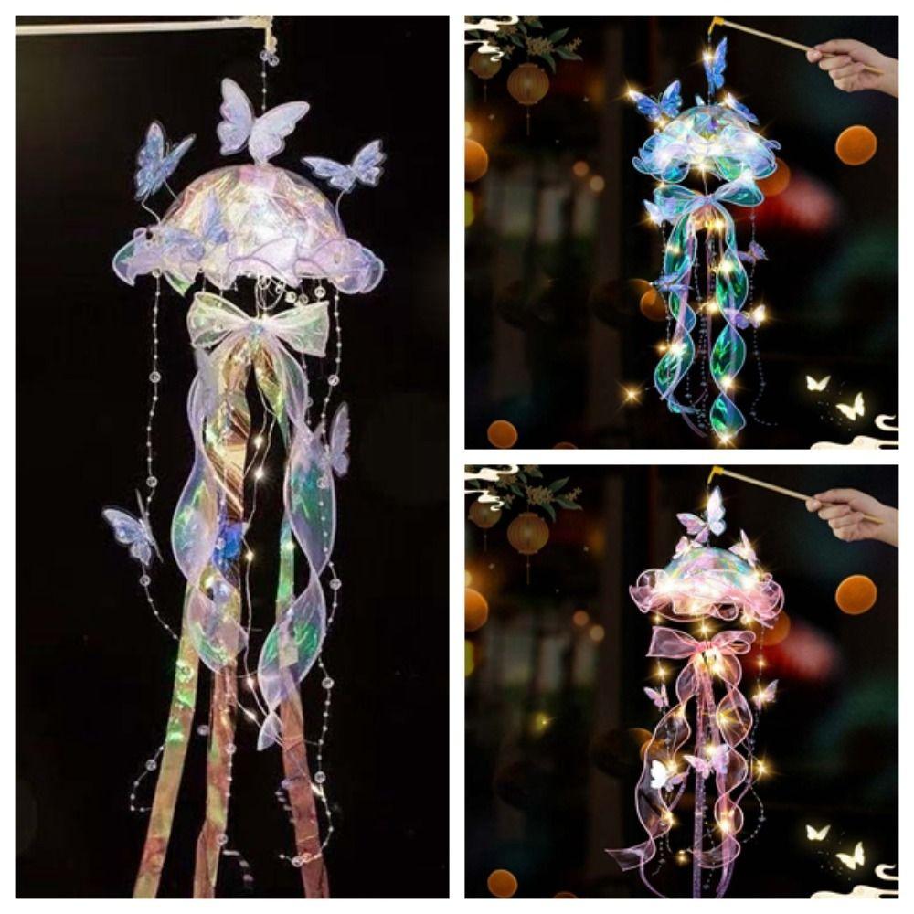 Organza Lantern Handmade Jellyfish Lantern Luminous Dreamy Style Butterfly Lamp Glowing Beaded Tassel Handheld Light Kids Craft