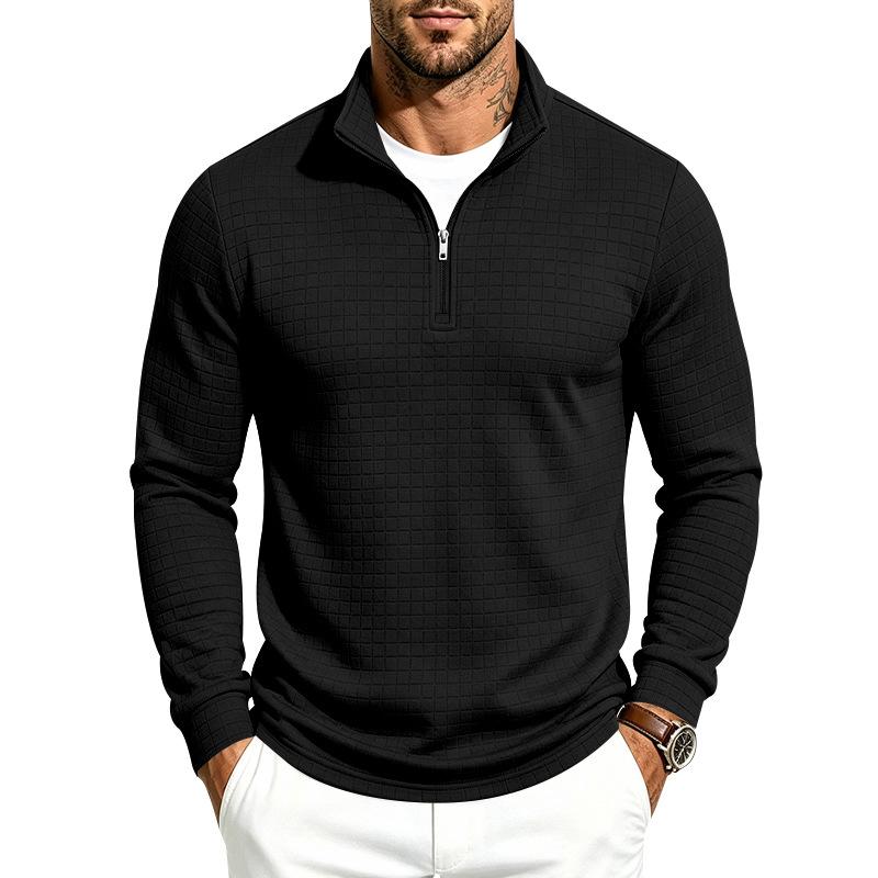 Men Solid Waffle Textured Half Zip Sweatshirt Stand Collar Long Sleeve Casual Knit Pullover Tops