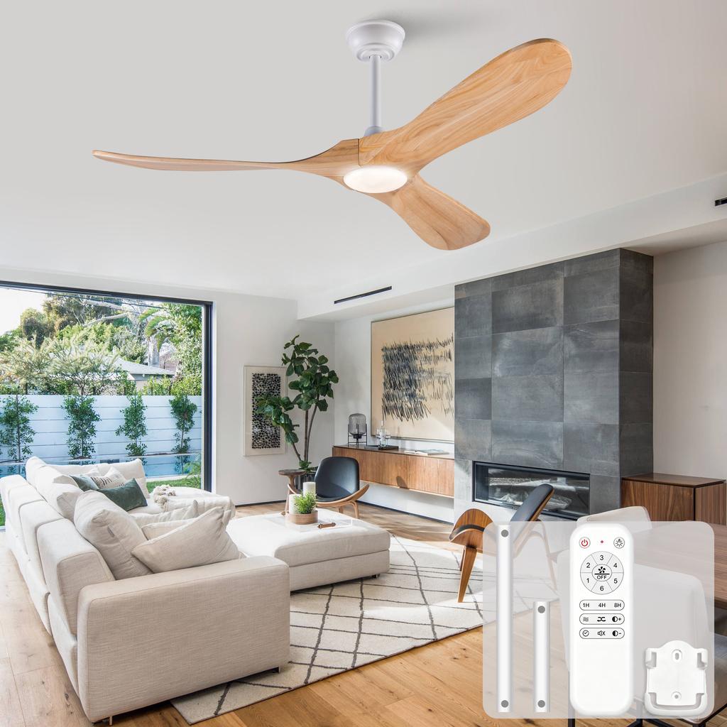 Ventilatore da soffitto da 52 pollici con luce e telecomando, tre pale in legno massello, 3 CCT, dimmerabile, reversibile, 6 velocità, funzione di memoria del timer