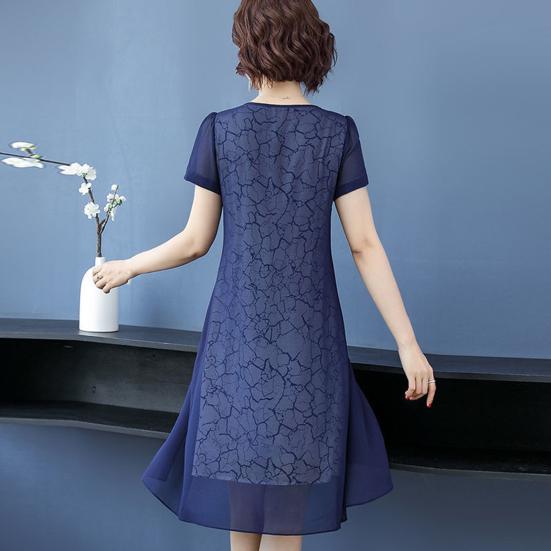 Women Mesh Fake Two Piece Dress Casual Short Sleeve Crewneck Midi Dress Formal Mother of The Bride Dress