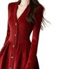 Elegant Red Corduroy Winter Dress with Fleece Lining and Luxury Finish