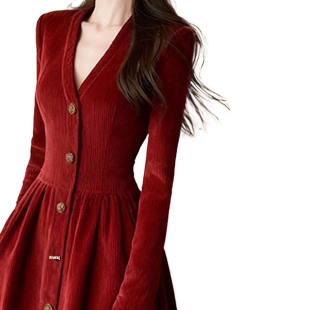 Elegant Red Corduroy Winter Dress with Fleece Lining and Luxury Finish