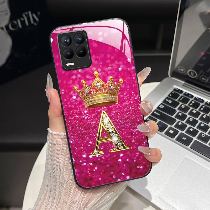 For Realme 8 Case Fashion Letters Hard Tempered Glass Back Cover For Realme 8 Pro 8i Realme8 4G RMX3085 Phone Case Luxury Coque