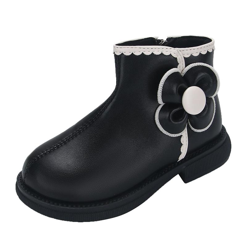 

Короткие ботинки для девочек с молнией сбоку и цветами, модные детские кожаные ботинки, элегантные кружевные детские ботильоны для девочек, осень-зима 2024, новинка 26 чёрный