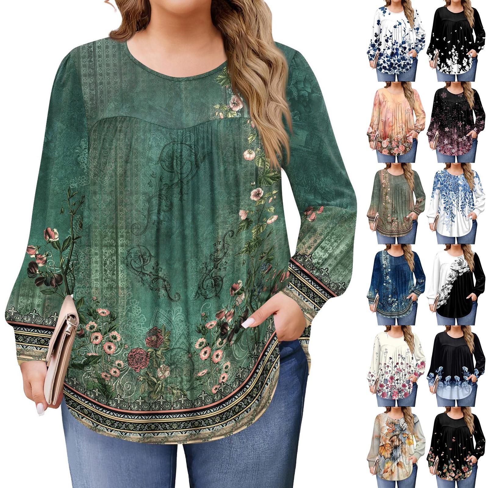 

Womens Plus Size Tops Long Sleeve Shirts Round Neck Flowy Tunic Casual Loose Blouse L-5X L армія зелений колір