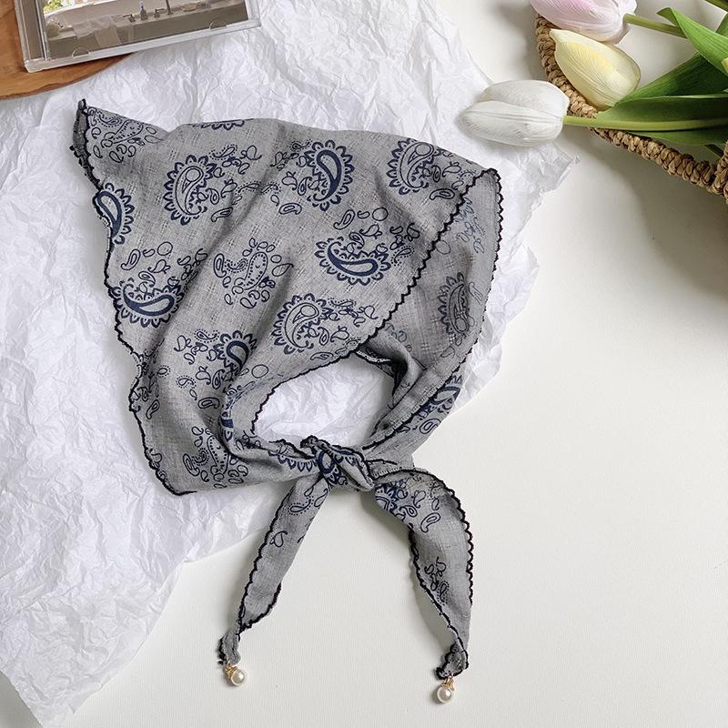 Triangle Scarf Scarf Female Retro Literary Floral Cotton and Linen Neck Protector Decorative Pearl Small Pendant Small Scarf Headband