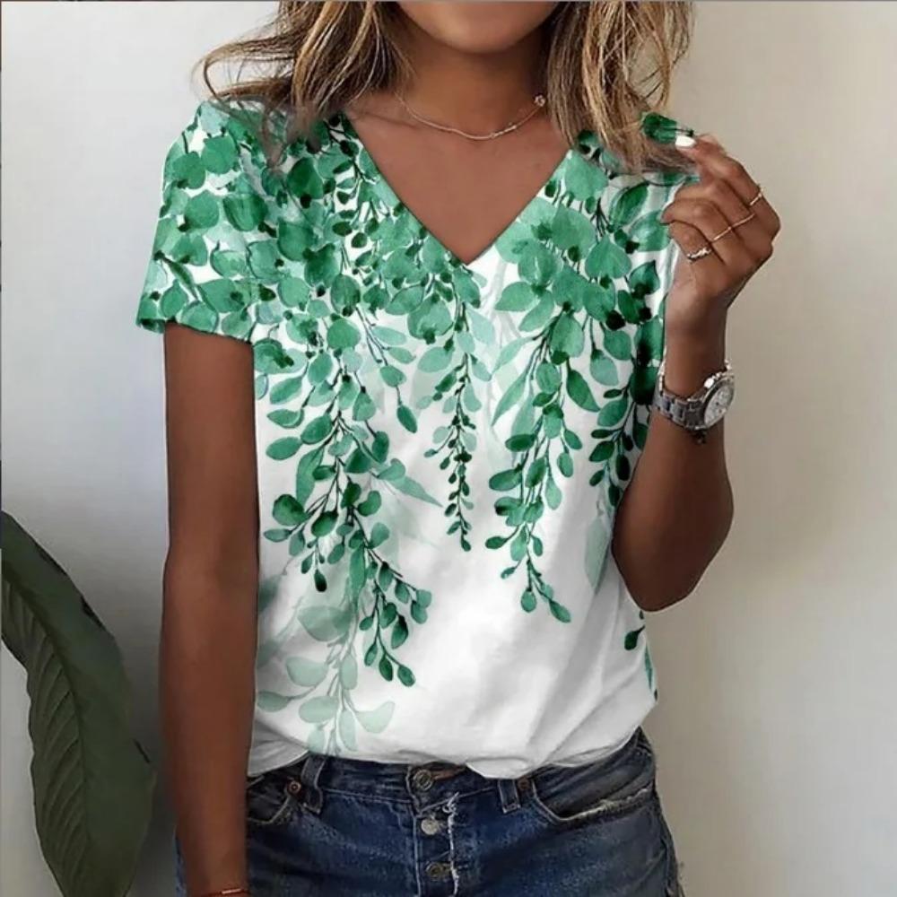 Summer New Style Floral 3D Print Casual V-Neck Women Short Sleeve Comfortable Polyester Fiber Fashion