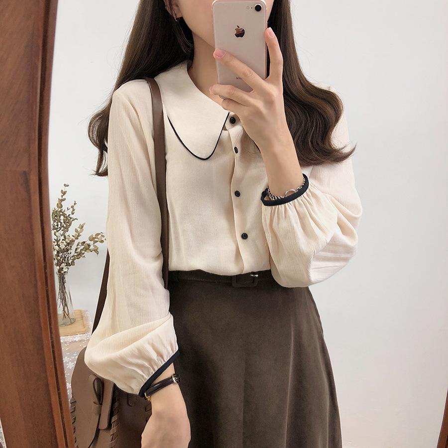 

Women s Peter Pan Collar Long-Sleeve Blouse with Black Trim Shirt S абрикосовий