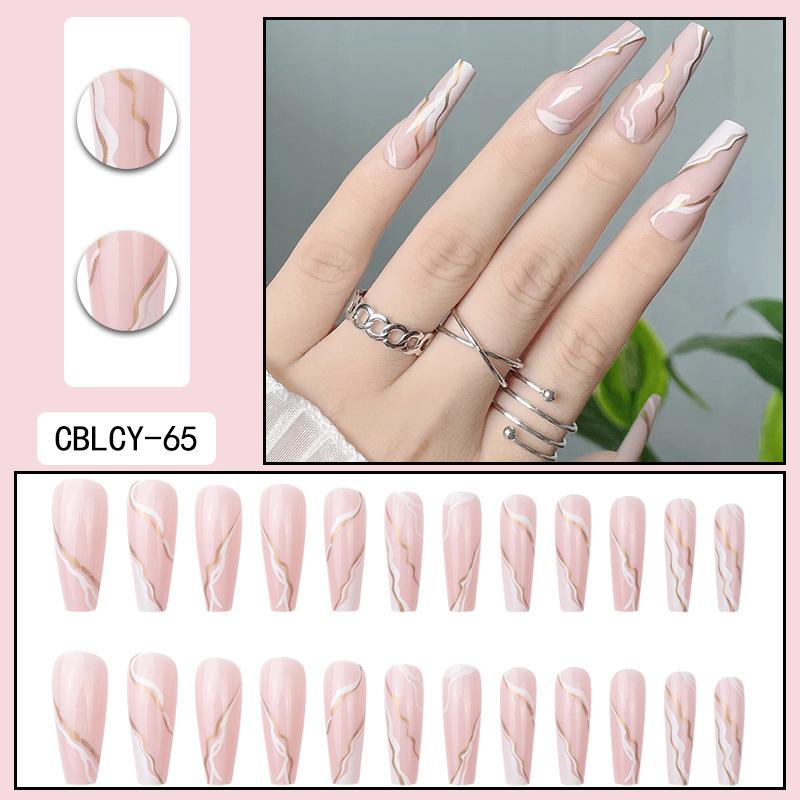24Pcs Marble Gradient Long Coffin False Nails Detachable Wearable Gold Foil Ballerina Fake Nails Full Cover Nail Tips Press Glue