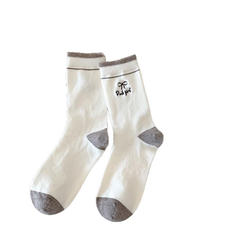 Women's Striped Embroidered Wool Mid-Calf Socks - Soft, Thick, Warm, Japanese Style for Autumn/Winter