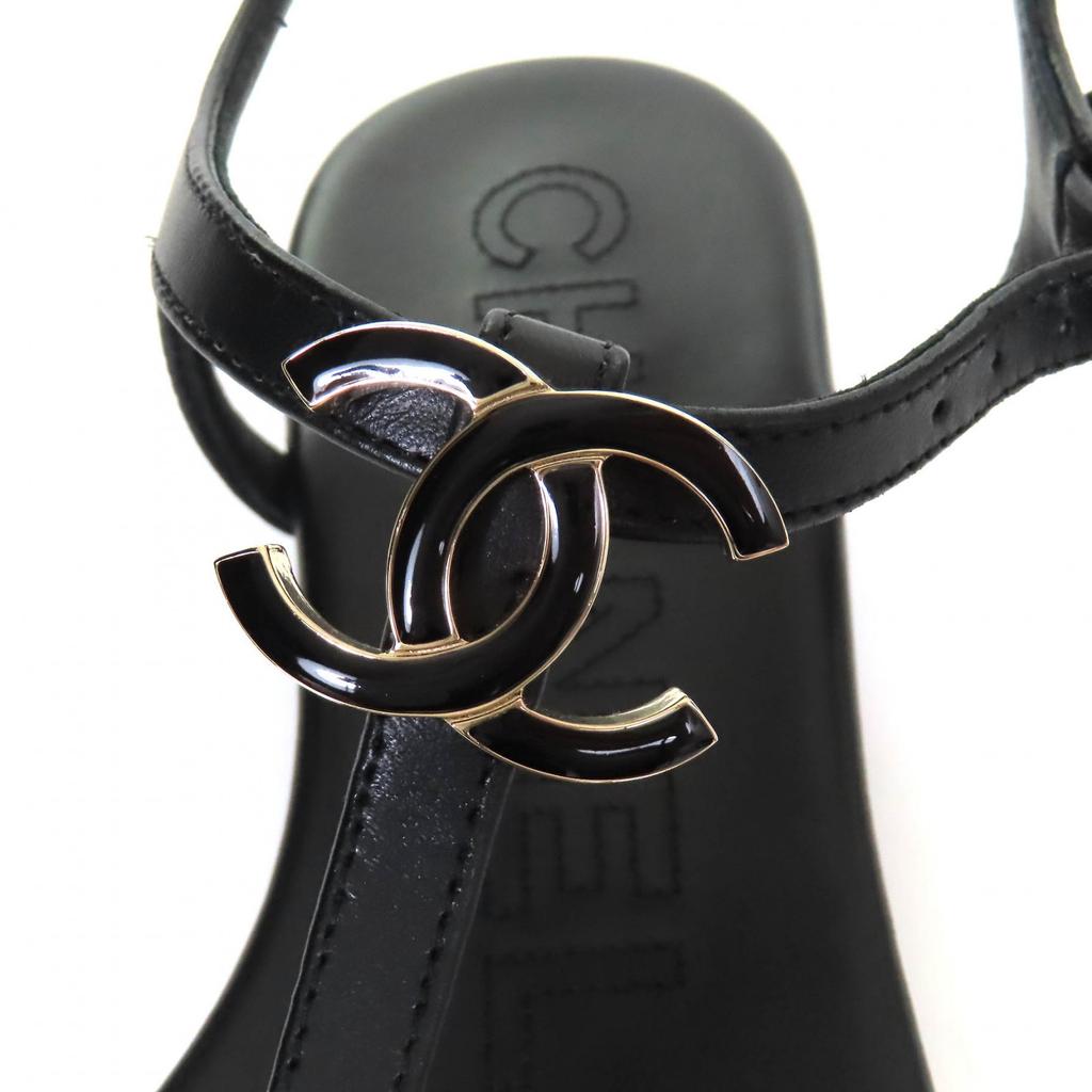 CHANEL Sandals COCO Mark ankle strap thong sandal flats black leather 24C G45428 Used