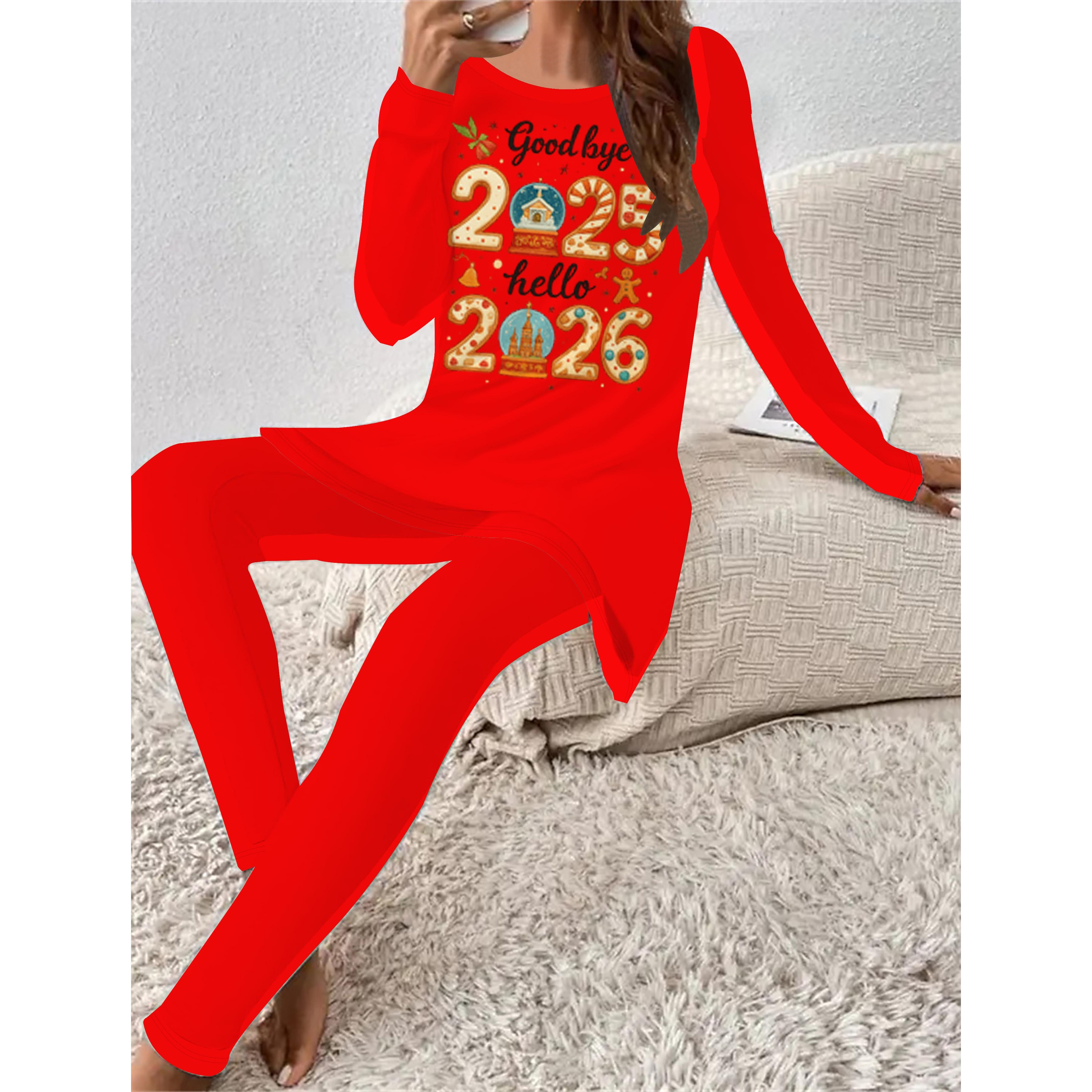 

Euro-American Fashion 3D New Year Print Women s Four-season Long-sleeved T-shirt + Long Pants Two-piece Set. Perfect Gift for New Year 8XL червоний