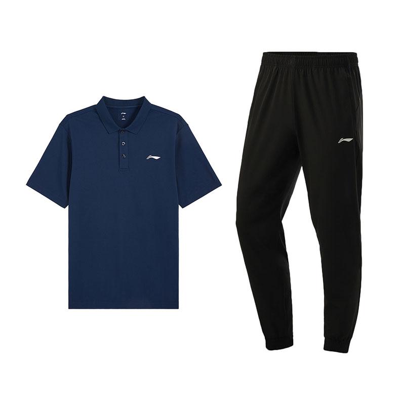 Li-Ning Casual Breathable Versatile Polo Shirt Short Sleeve Top Comfortable Long Pants Sports Suit Men suit Guangdong-Blue Black U803-3+T415-1