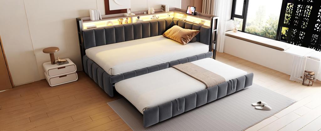 Upholstered sofa bed 90x200cm, LED lighting and storage compartments at head and foot end, equipped with USB and Type-C ports. Velvet fabric dark grey