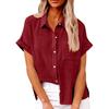 Women's Fashion Loose Casual Short Sleeve Lapel Button Down Shirt Solid Color With Pocket T-Shirt Top