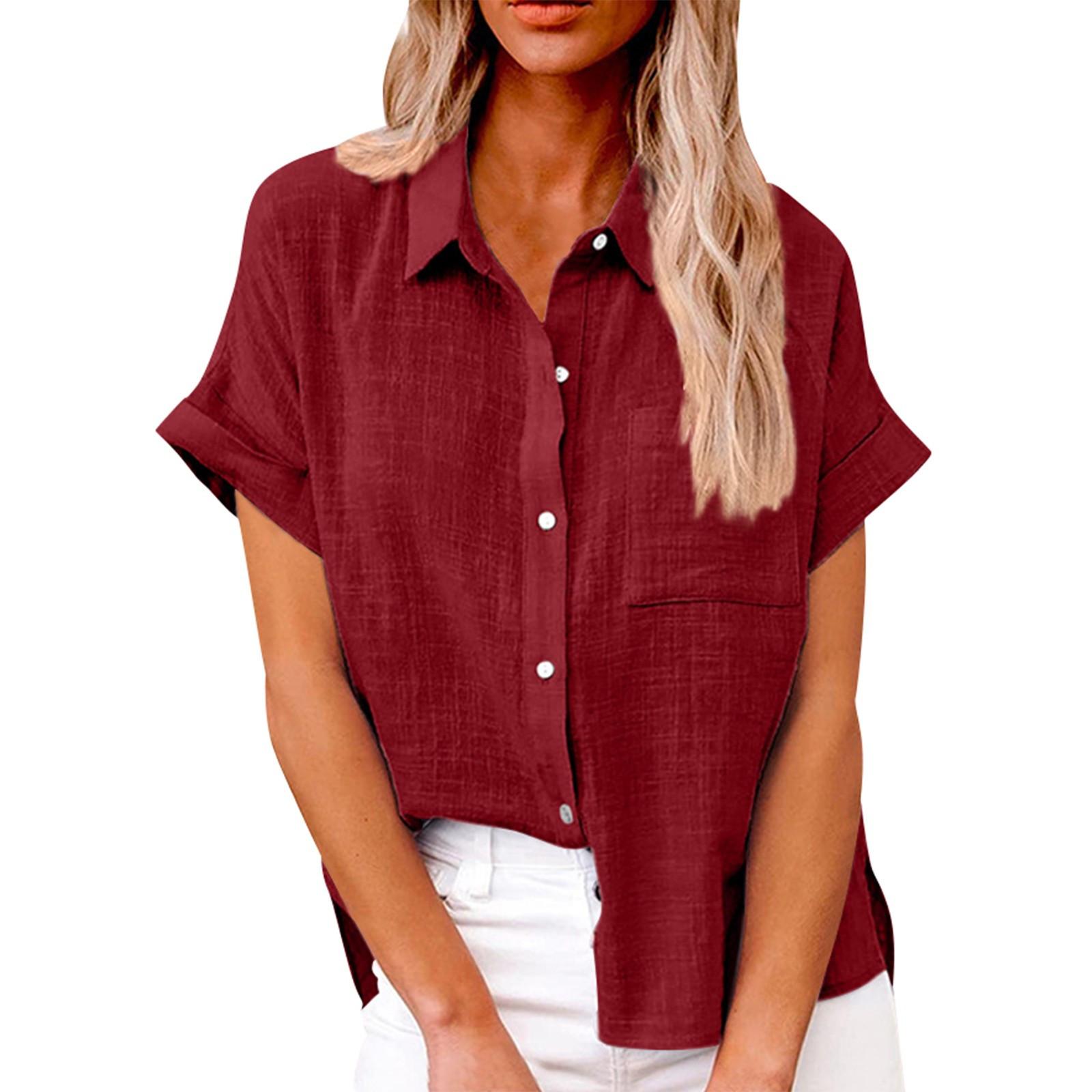 

Women s Fashion Loose Casual Short Sleeve Lapel Button Down Shirt Solid Color With Pocket T-Shirt Top XXXXL винний