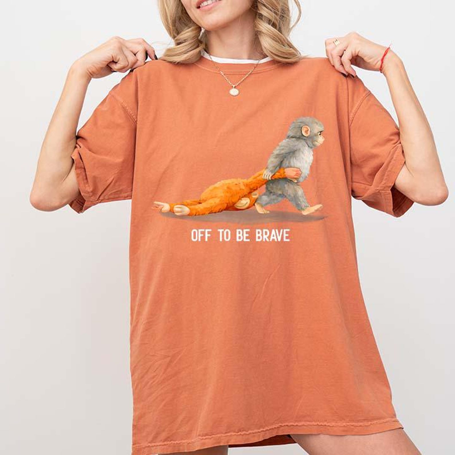 Off To Be Brave Monkey Punch Viral Baby Monkey Plush Meme T-Shirt 4XL