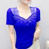 New European Sweet Women's Clothes T-shirt Chic Shiny Hot Diamonds Mesh Tees Sexy Square Neck Short Sleeve Female Summer Tops