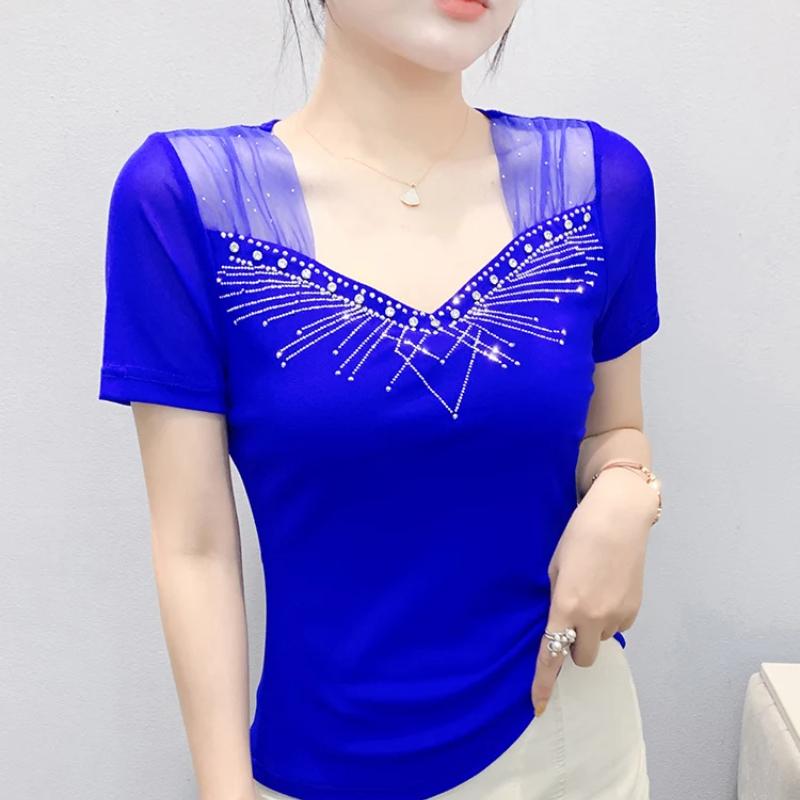 New European Sweet Women's Clothes T-shirt Chic Shiny Hot Diamonds Mesh Tees Sexy Square Neck Short Sleeve Female Summer Tops