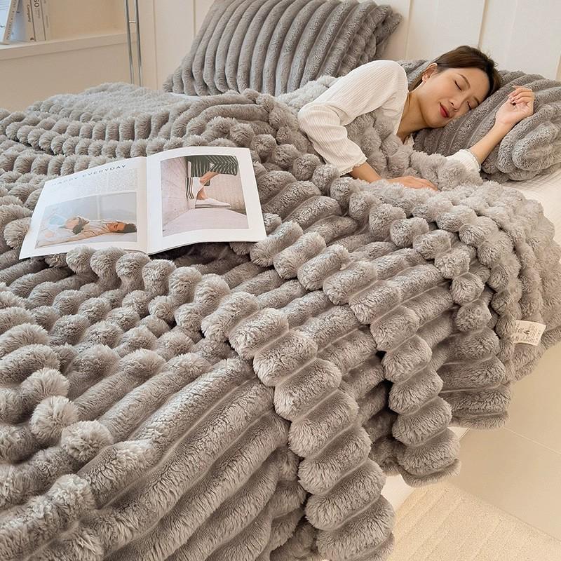 Thick Winter Rabbit Plush Flannel Coral Fleece Throw Blanket