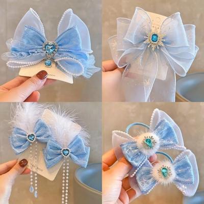 Big Blue Bows Princess Pompom Hairpins Girl School Hairgrips Duckbill Clip  For Kids Children