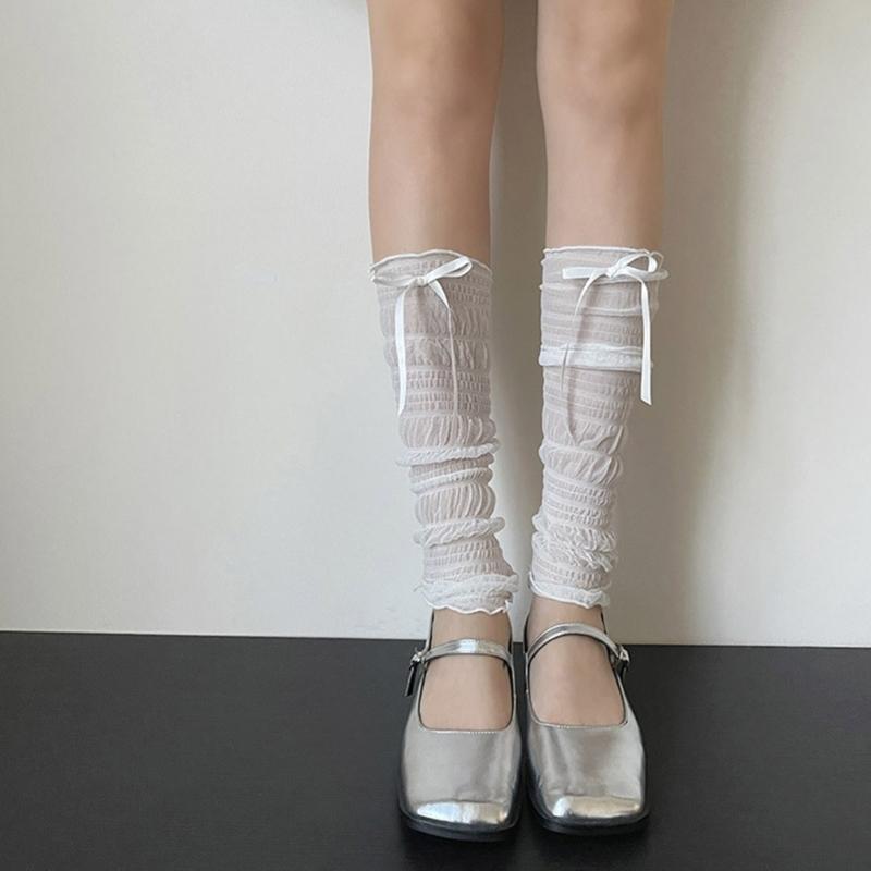 Womens Girls See Through Ruched Mesh Loose Leg Warmer Cute Ribbon Bowknot Lightweight Leg Cover Footless Lace Socks