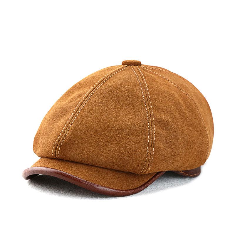 British Style Men s Genuine Leather Newsboy Cap for Spring, Autumn, and Winter - Suede Octagonal Hat for Middle-aged & Elderly.