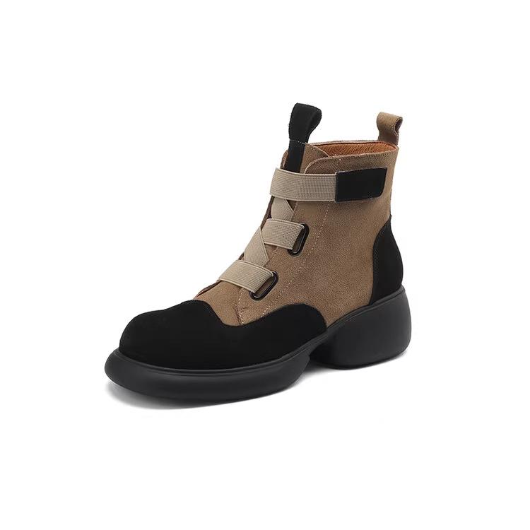 25 Autumn and winter British style color matching thick heel Martin boots women's Velcro round head medium tube single boots thick sole thin shor