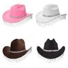 Pink Felt Cowboy Hat With Rhinestone Tassel Decoration For Allseason Sun Protection