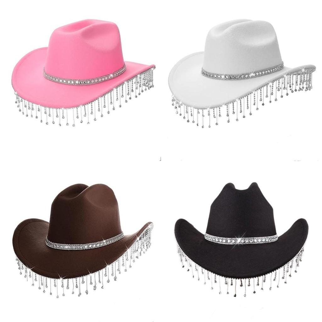 Pink Felt Cowboy Hat With Rhinestone Tassel Decoration For Allseason Sun Protection