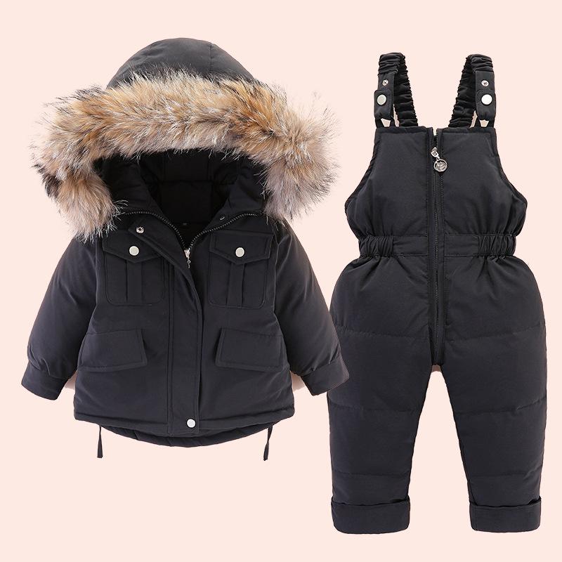 2024 Winter Kids' Down Jacket Set: Korean Style, Big Fur Collar, Two-Piece for Boys and Girls