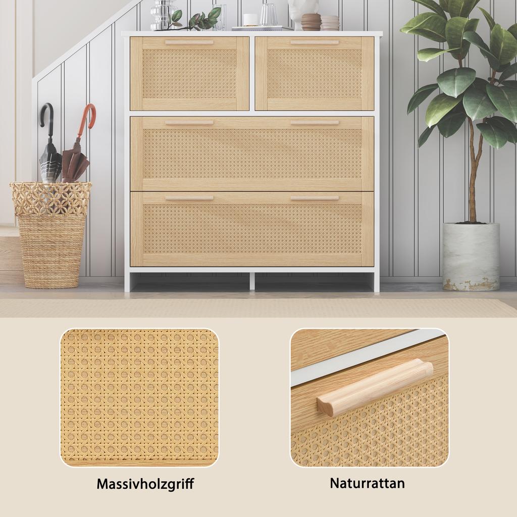 High-quality 4-drawer rattan cabinet with solid wood handles - Suitable for bedroom, living room, dining room, hallway - Dimensions: W80/H80/D38 cm