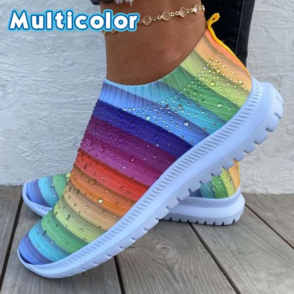 Modische Damen-Schuhe aus leichtem, atmungsaktivem Mesh, elastisch, gestreift, mit Regenbogen-Strasssteinen