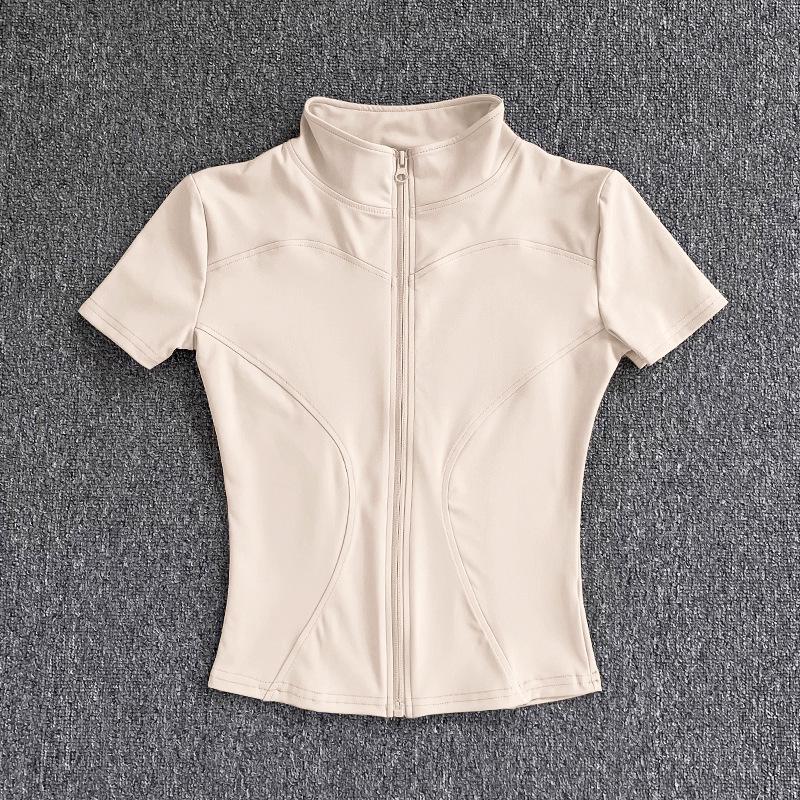 Women's Quick-Dry Slim-Fit Yoga Top - Waist-Cinching Short Sleeve with Half-High Collar