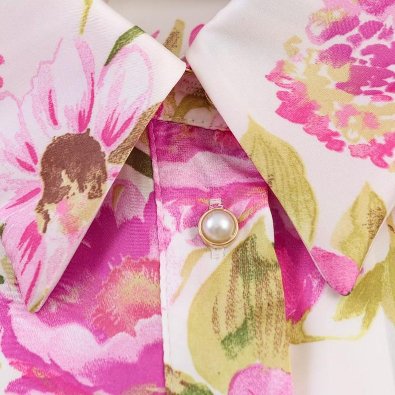 Womens Loose Fit Floral Print Long Sleeve Shirt With Turn-Down Collar Soft Satin Feel Casual Chic Top