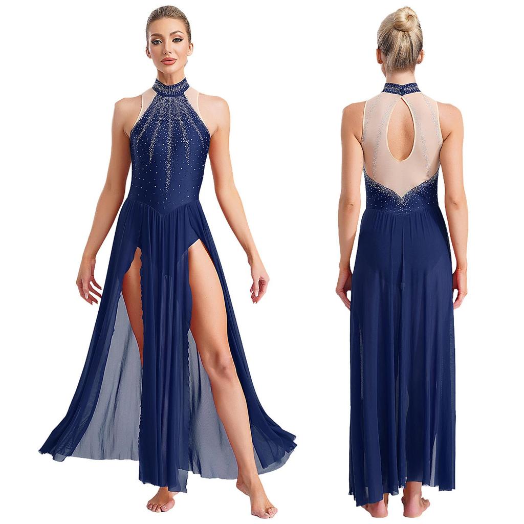 Damen Modern Lyrical Dance Dress Ärmellos Split Sheer Mesh Ballet Gymnastik Trikotkleid Zeitgenössische Performance Dancewear