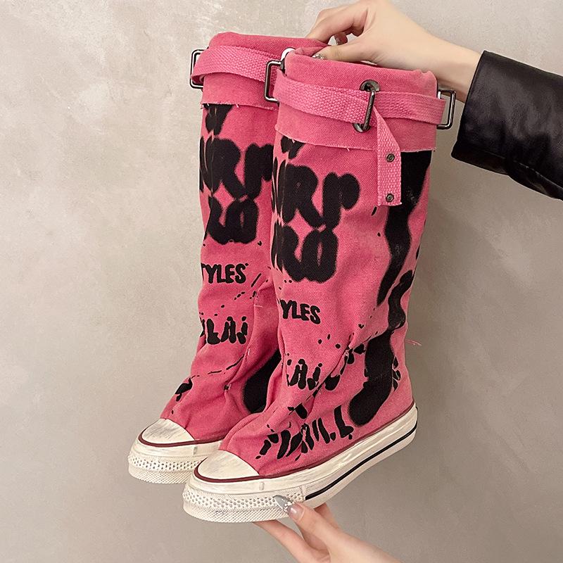 Fashion Women's Knee-high Boots Fashion Cowboy Canvas Boots Designer Graffiti Long Boots for Women Pleats Stacking Boot Botas De Mujer